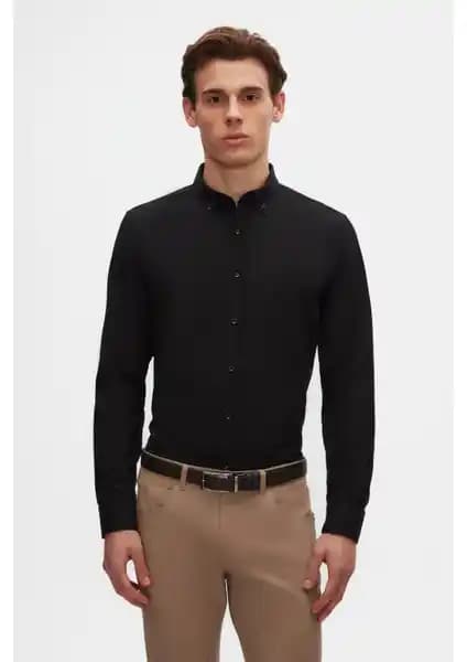 D'S Damat Slim Fit Siyah Oxford Gömlek Modern ve Şık Erkek Giyim Parçası