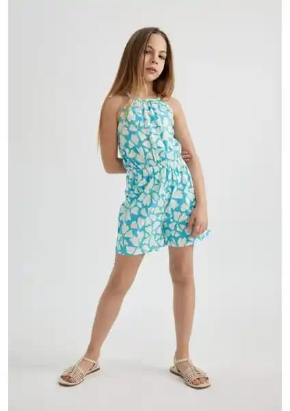 DeFacto Kız Çocuk Askılı Çiçekli Penye Kısa Tulum Renkli ve Rahat Günlük Kullanım İçin