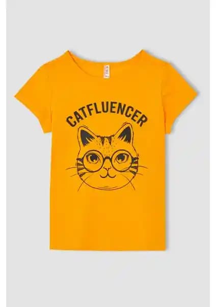 DeFacto Kız Çocuk Kedi Baskılı Renkli Kısa Kollu Tişörtü Günlük Şıklık İçin Uygun