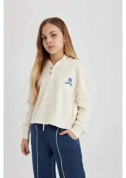 DeFacto Kız Çocuk NBA Wordmark Crop Kapüşonlu Sweatshirt Günlük ve Spor Kullanımına Uygun