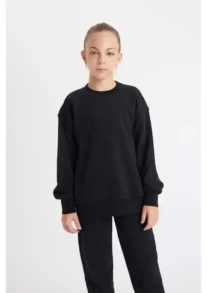DeFacto Kız Çocuk Siyah Relax Fit Pamuklu Bisiklet Yaka Okul Sweatshirtleri