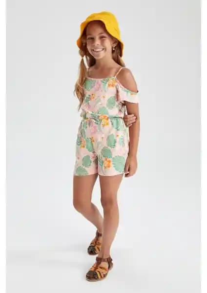 DeFacto Kız Çocuk Yazlık Desenli Askılı Pamuklu Tulum 6-7 Yaş için Uygun