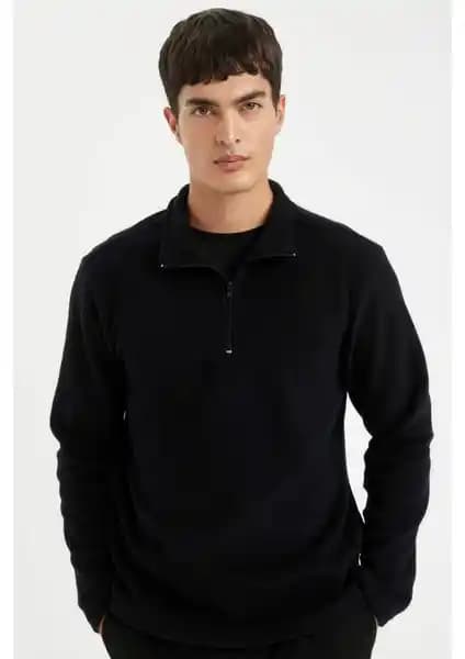 DeFacto Siyah Polar Sweatshirt Regular Fit Dik Yaka Fermuarlı Y3996AZNS