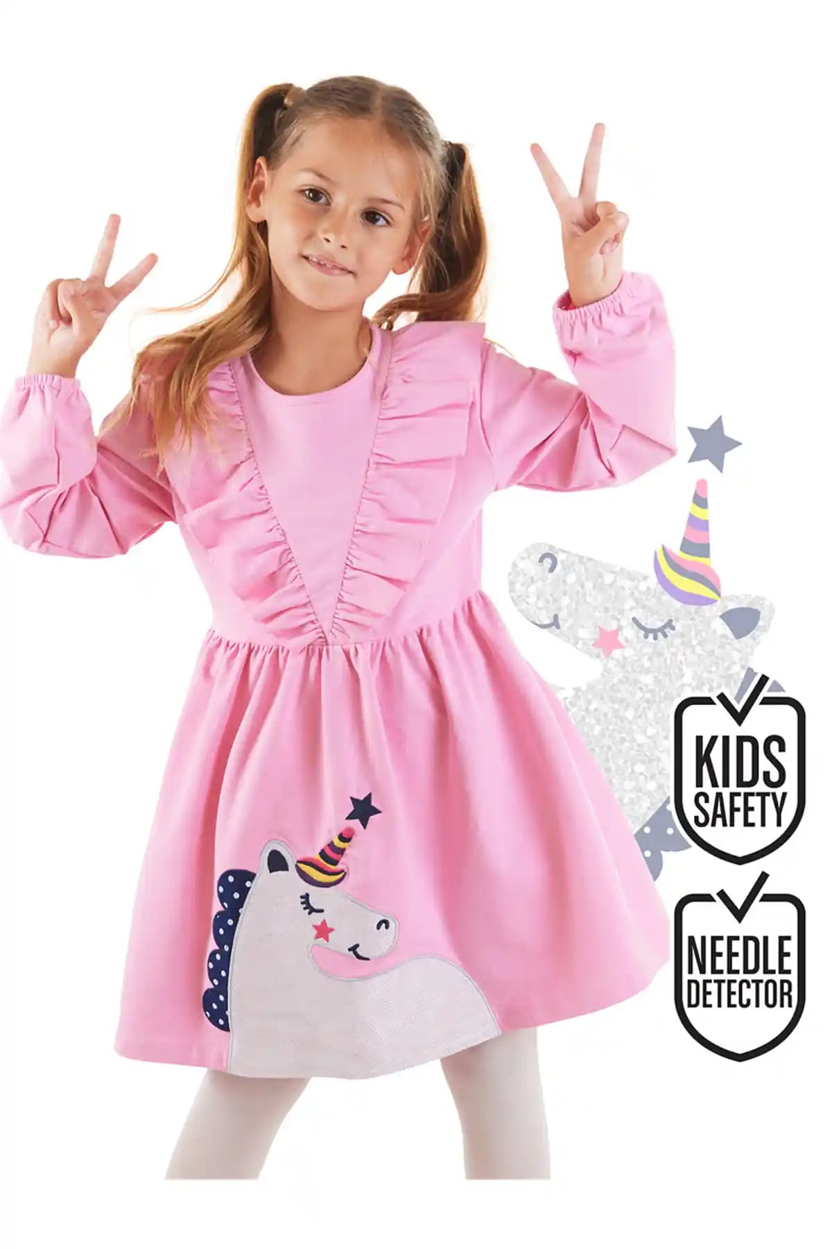 Denokids Simli Unicorn Kız Çocuk Pembe Elbise - Rahat ve Şık Parti Kıyafeti
