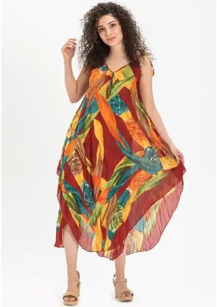 Eliş Şile Bezi Askılı Vual Afrodit Midi Elbise Bordo Yazlık Şık ve Rahat Tasarım