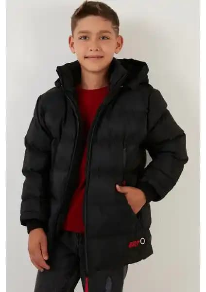 Erkek Çocuklar İçin Peluş Astarlı Çıkarılabilir Kapüşonlu Şişme Mont