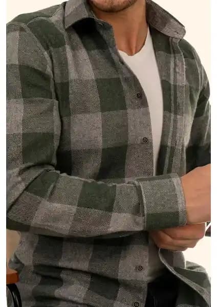 Etikmen Yeşil Gri Dama Desenli Slimfit Erkek Gömlek - Modern ve Konforlu Günlük Giyim Seçeneği