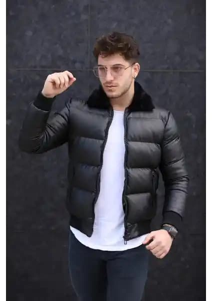 Famoda Erkek Siyah Şişme Parlak Deri Mont Modern ve Şık Tasarımıyla Günlük Kullanım İçin Uygun
