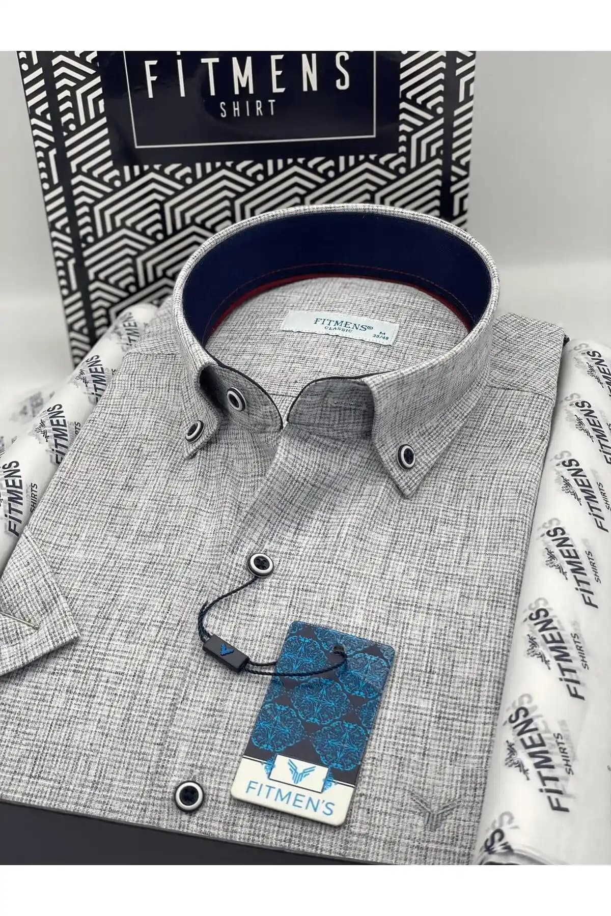 Fitmens Erkek Klasik Kısa Kol Keten Yaka Düğmeli Gömlek Günlük ve Özel Kullanım İçin