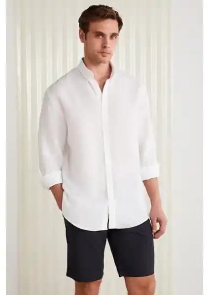 Grimelange Brieçe Erkek %100 Keten Kumaşlı Beyaz Dökümlü Gömlek Şıklık ve Konfor Sunar