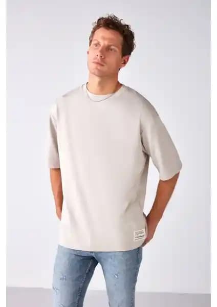Grimelange Erkek Organik Pamuklu Oversize Tişört Taş Rengi Kalın Kumaşlı