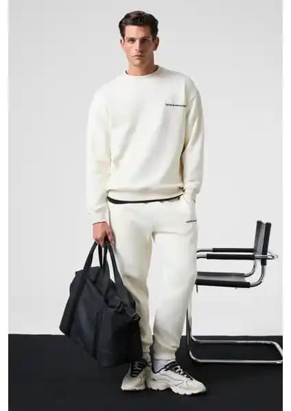 Grimelange MARSHALL Erkek Pamuklu Polarlı Nakışlı Relaxed Ekru Eşofman Takımı
