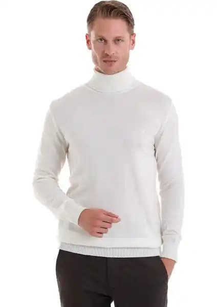 Hatemoğlu Ekru Regular Fit Düz Balıkçı Yaka Triko Kazak Erkekler İçin Günlük ve Şık Kullanım