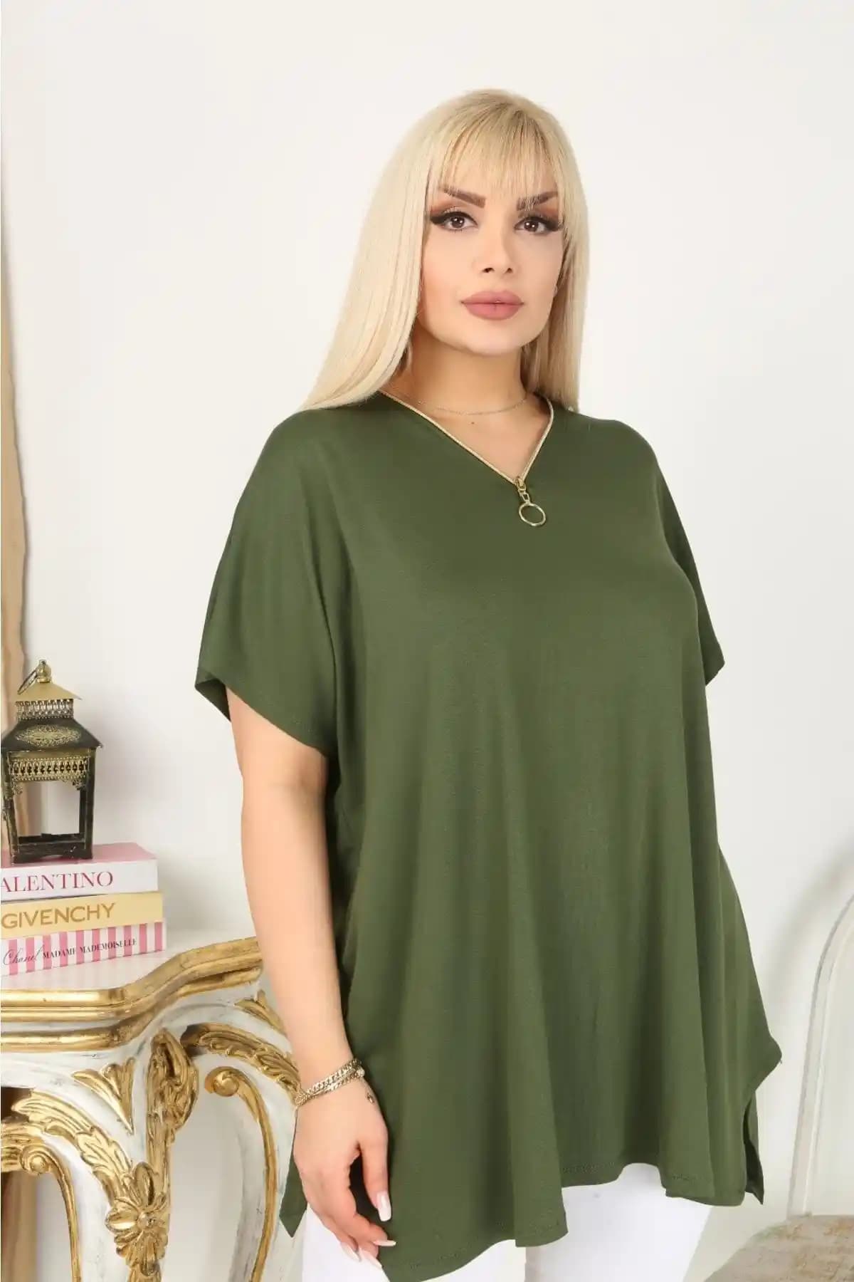Hülya Butik Yeşil Fermuar Detaylı Battal Bluz Günlük ve Şık Kullanım İçin Uygun