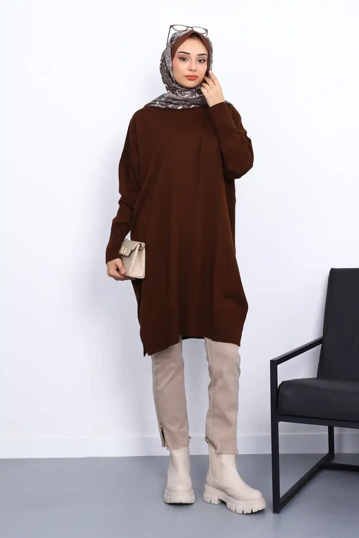 İmajButik Kahverengi Çizgili Salaş Bisiklet Yaka Triko Tunik Günlük ve Şık Kullanım