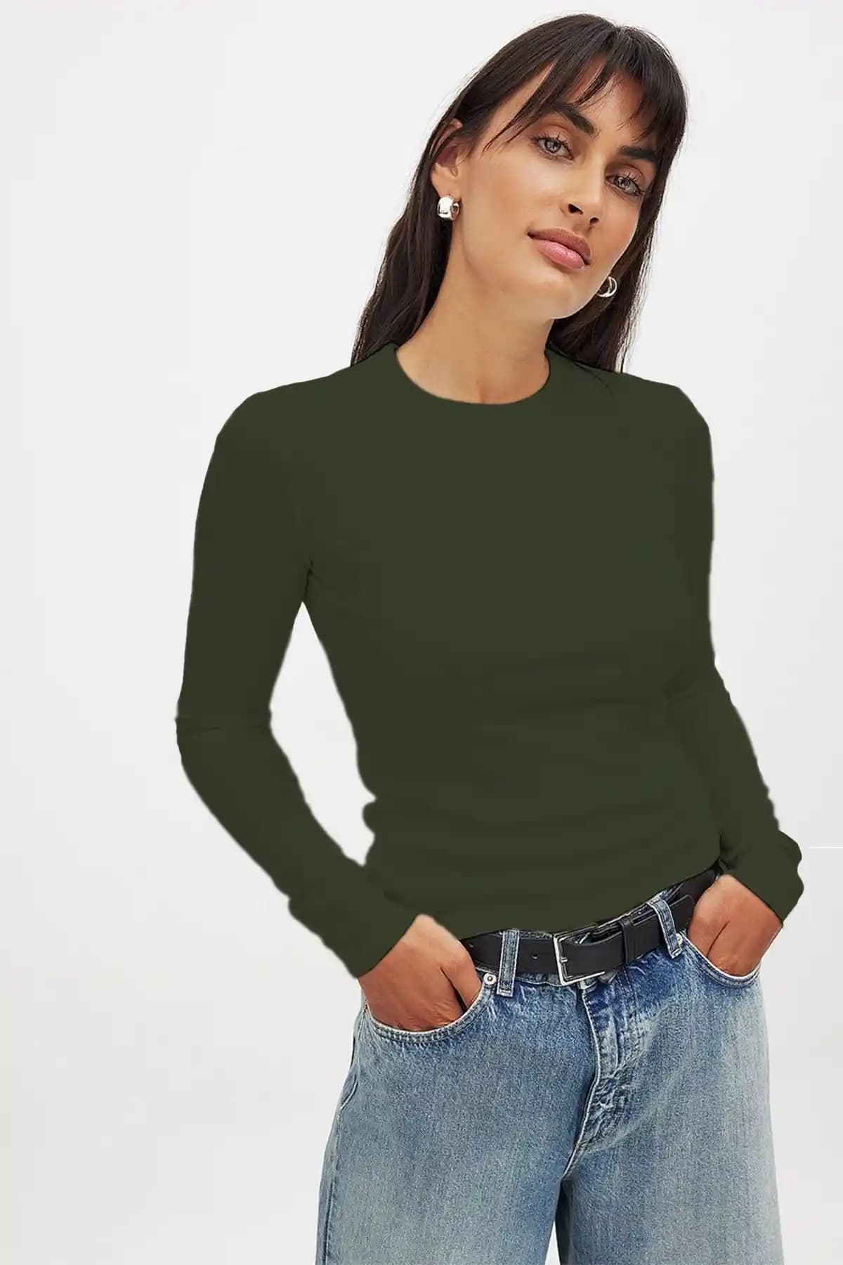 Kadın Haki Uzun Kollu Bisiklet Yaka Bluz Şık ve Rahat Günlük Giyim Parçası