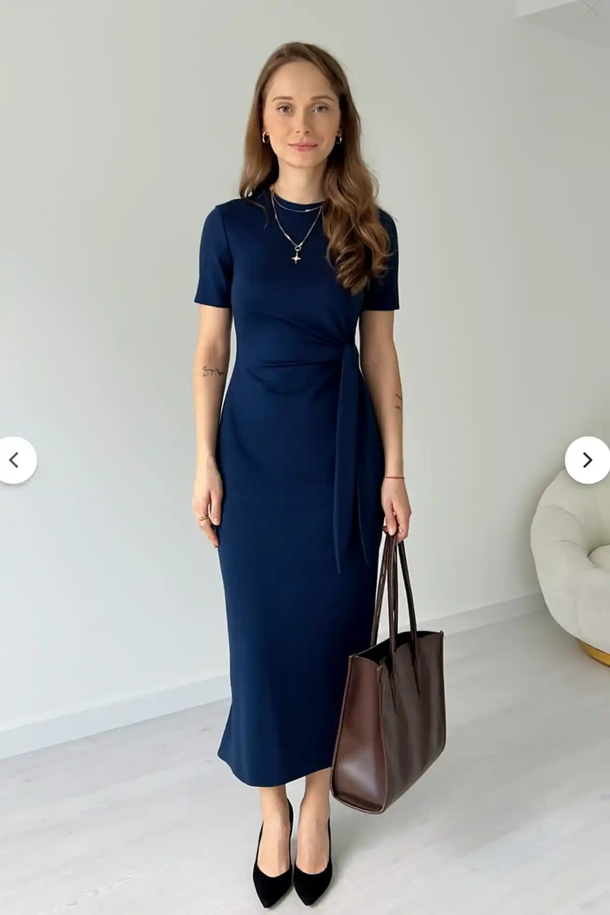 Kadın Lacivert Modal Kumaş Yandan Bağlama Detaylı Yırtmaçlı Elbise TrendyFashion