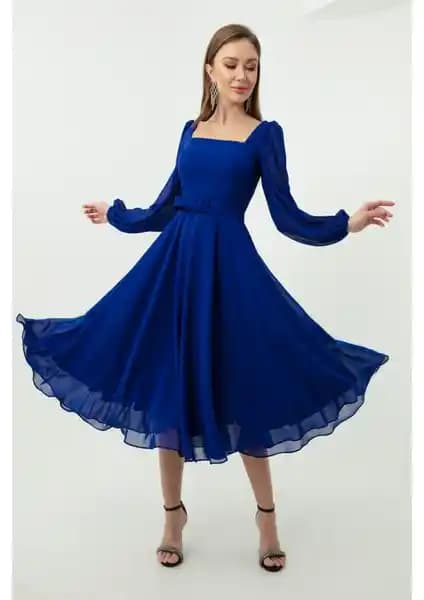 Kadın Şifon Midi Abiye Elbise: Kare Yaka ve Kemerli Tasarım Özellikleri