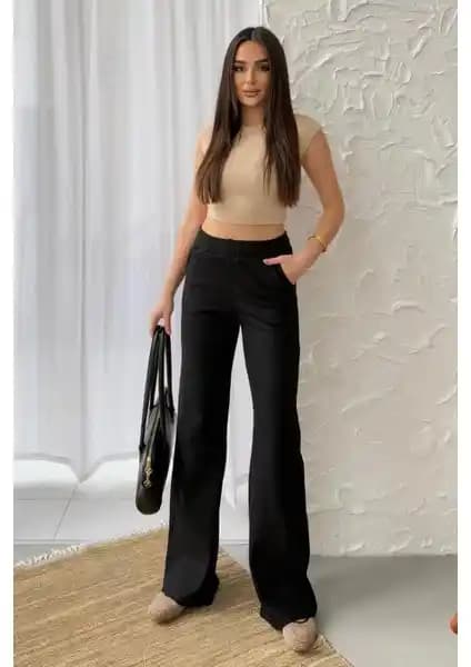 Kadın Siyah Yüksek Bel Bol Paça Kaşkorse Pantolon Modern ve Rahat Tasarım