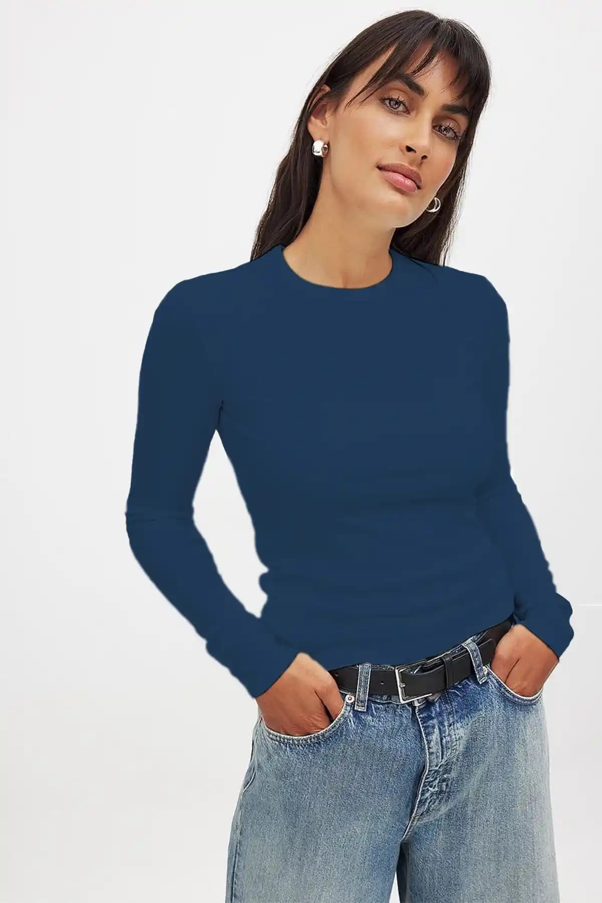 Kadınlar İçin Indig Mavi Uzun Kollu Bisiklet Yaka Bluz Modern ve Şık Tasarım
