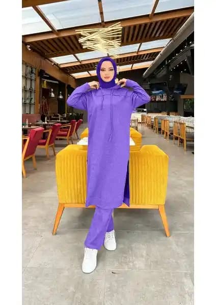 Kadınlar İçin Modern ve Rahat Uzun Tunik ve Spor Takım Seti Koyu Lila Renk