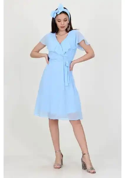 Kadınlar İçin Yeni Sezon Midi Boy Kruvaze Yaka Şifon Elbise Neşeli Butik