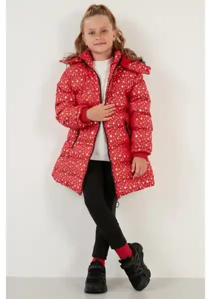 Kız Çocukları İçin Dayanıklı ve Şık Kışlık Mont Yıldız Desenli Peluş Astarlı