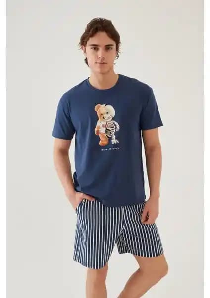 Koza İç Giyim Erkek Pamuklu Mavi Baskılı Cepli Şort Pijama Takımı Günlük Konfor ve Şıklık