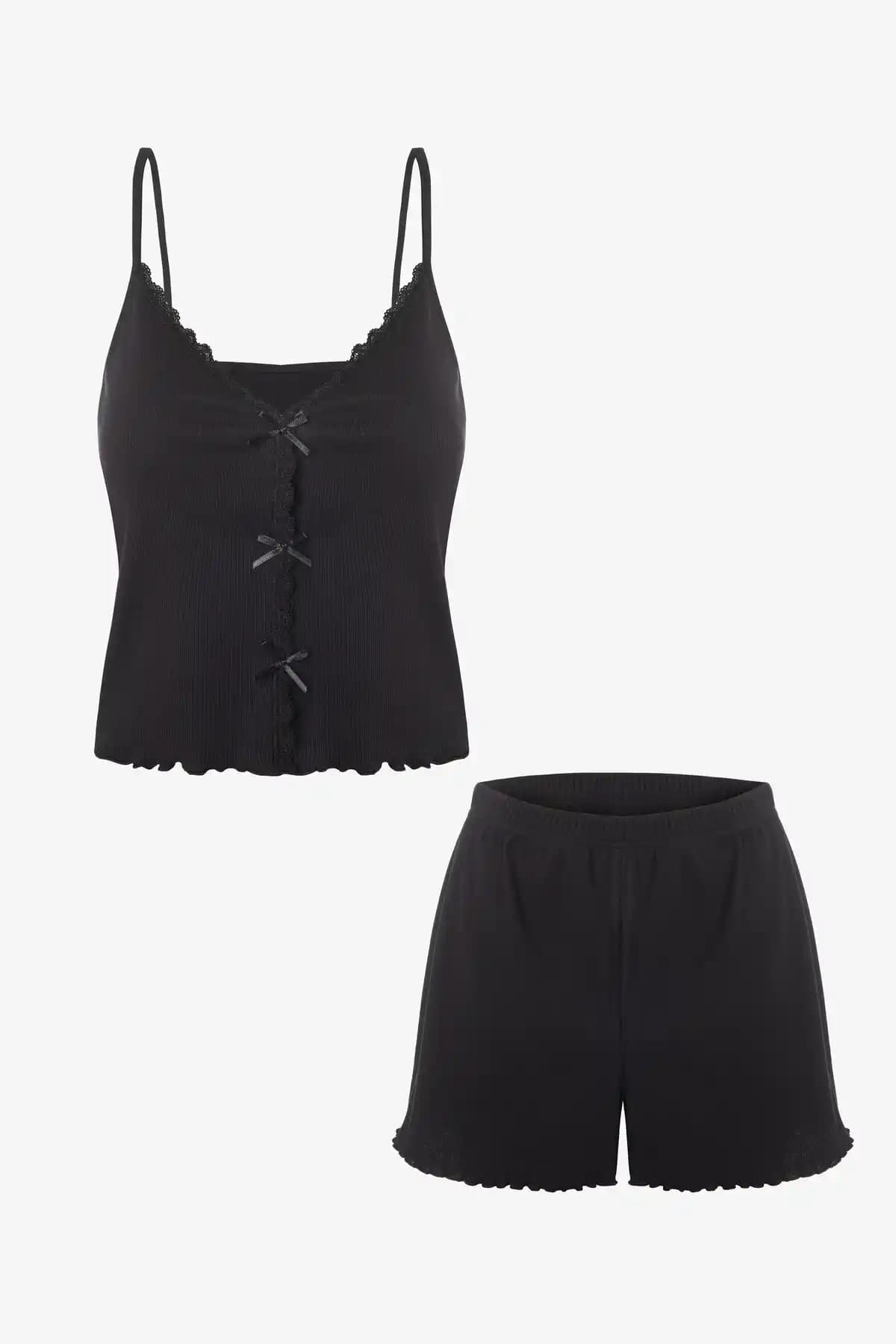 Koza İç Giyim Kadın İnce Askılı Dantelli Fiyonklu Pamuklu Pijama Takımı