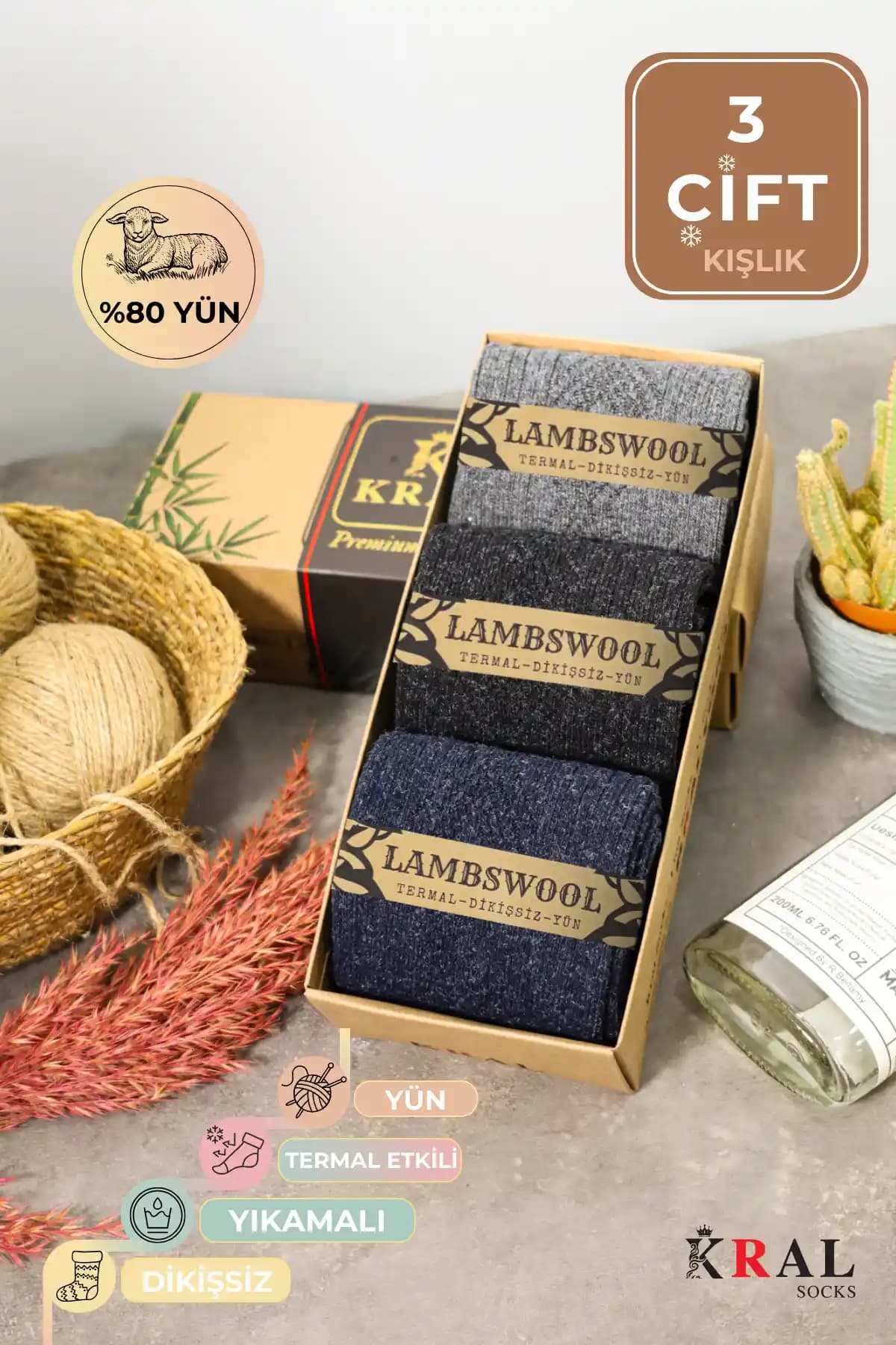 KRAL SOCKS Erkek Yünlü Çorap Seti Hediye Kutusunda Şıklık ve Konfor Bir Arada