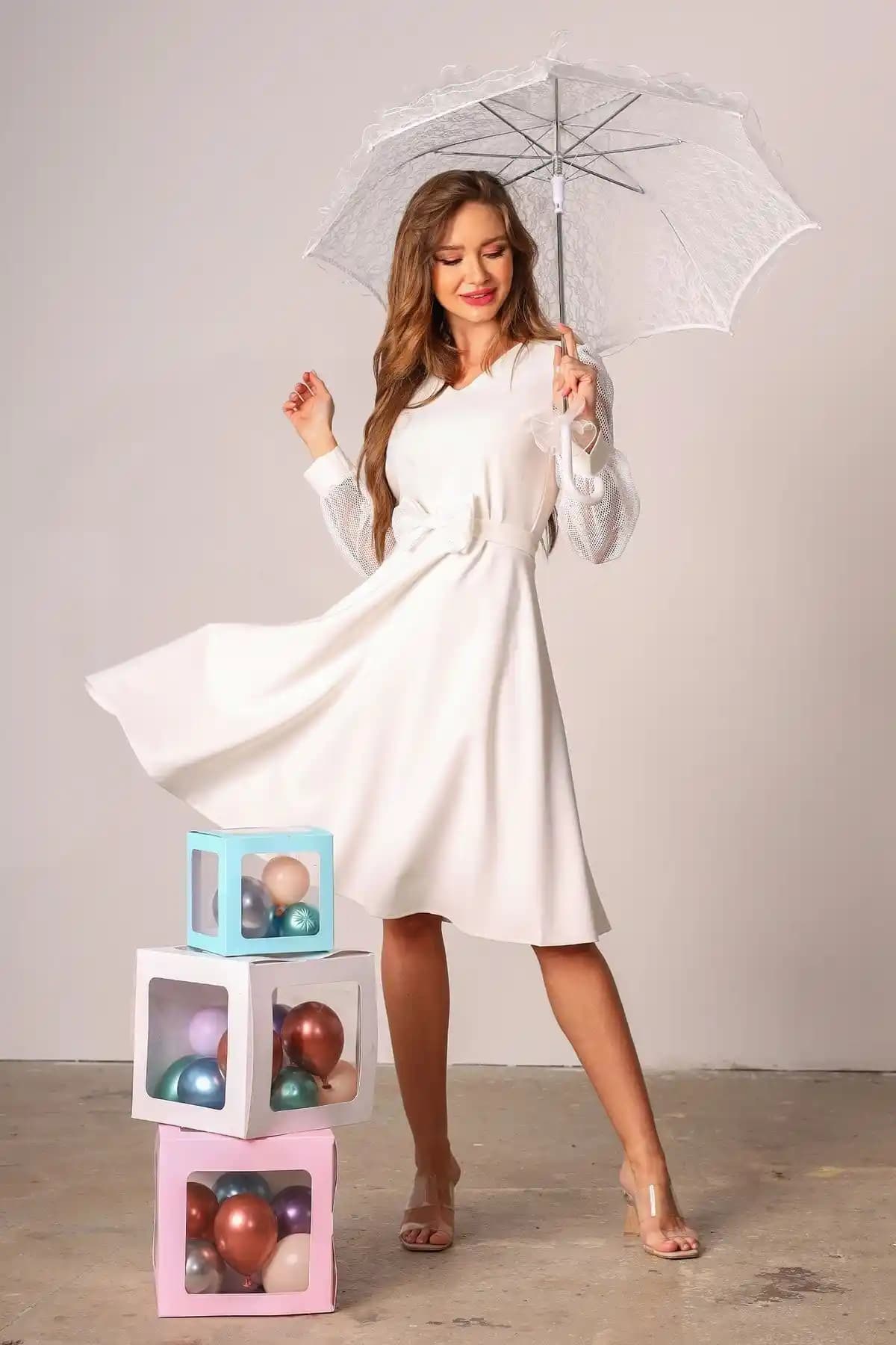 Küçüğüm Butik Beyaz File Kollu Kloş Elbise Modern ve Rahat Kadın Giyim Seçeneği