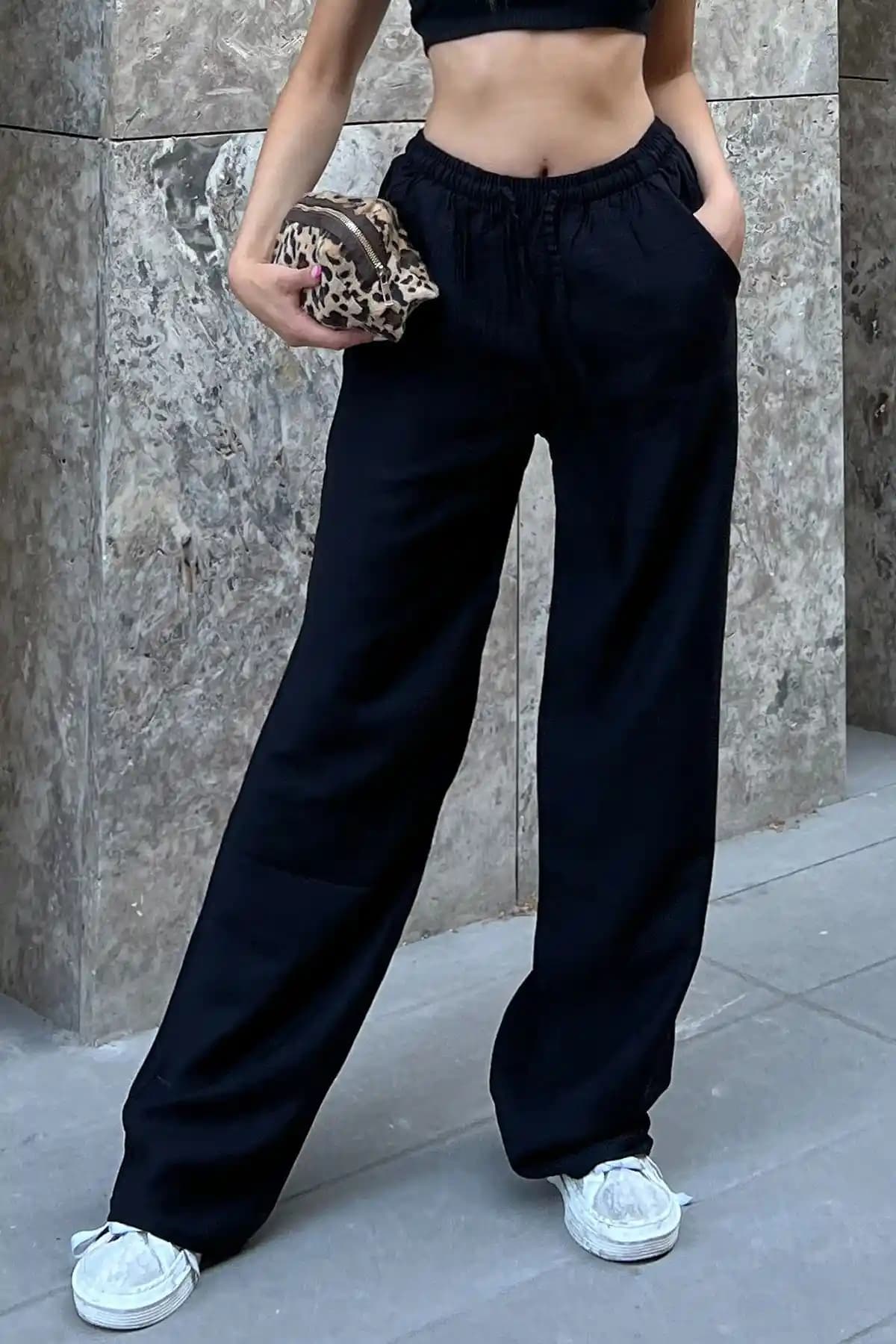 La & Vettta Siyah Keten Karışımlı Bol Kesim Pantolon: Modern ve Rahat Tasarım