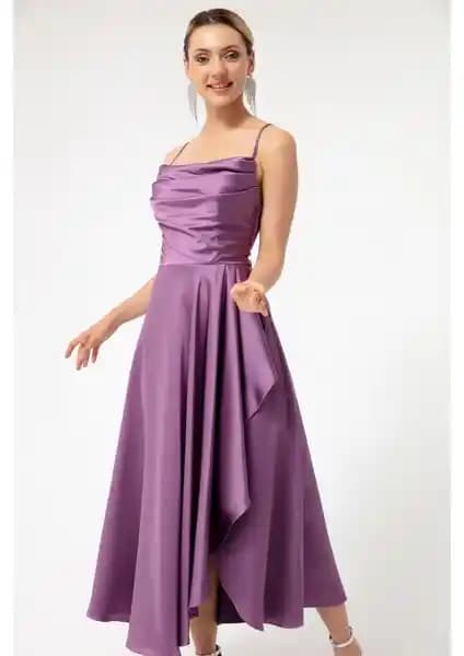 Lafaba Kadın Abiyesi: Şık ve Konforlu Yırtmaçlı Saten Midi Boy Elbise