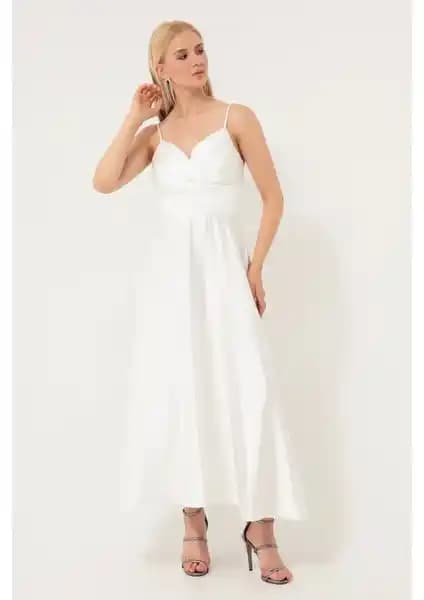 Lafaba Kadın Beyaz İp Askılı Bel Kemerli Saten Midi Abiye ve Mezuniyet Elbisesi