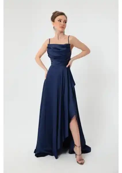 Lafaba Kadın Lacivert Volanlı Yırtmaçlı Saten Abiye ve Mezuniyet Elbisesi Özellikleri