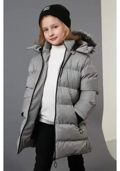 Lela Yakası Suni Kürklü Peluş Astarlı Çıkarılabilir Kapüşonlu Kız Çocuk Kış Montu