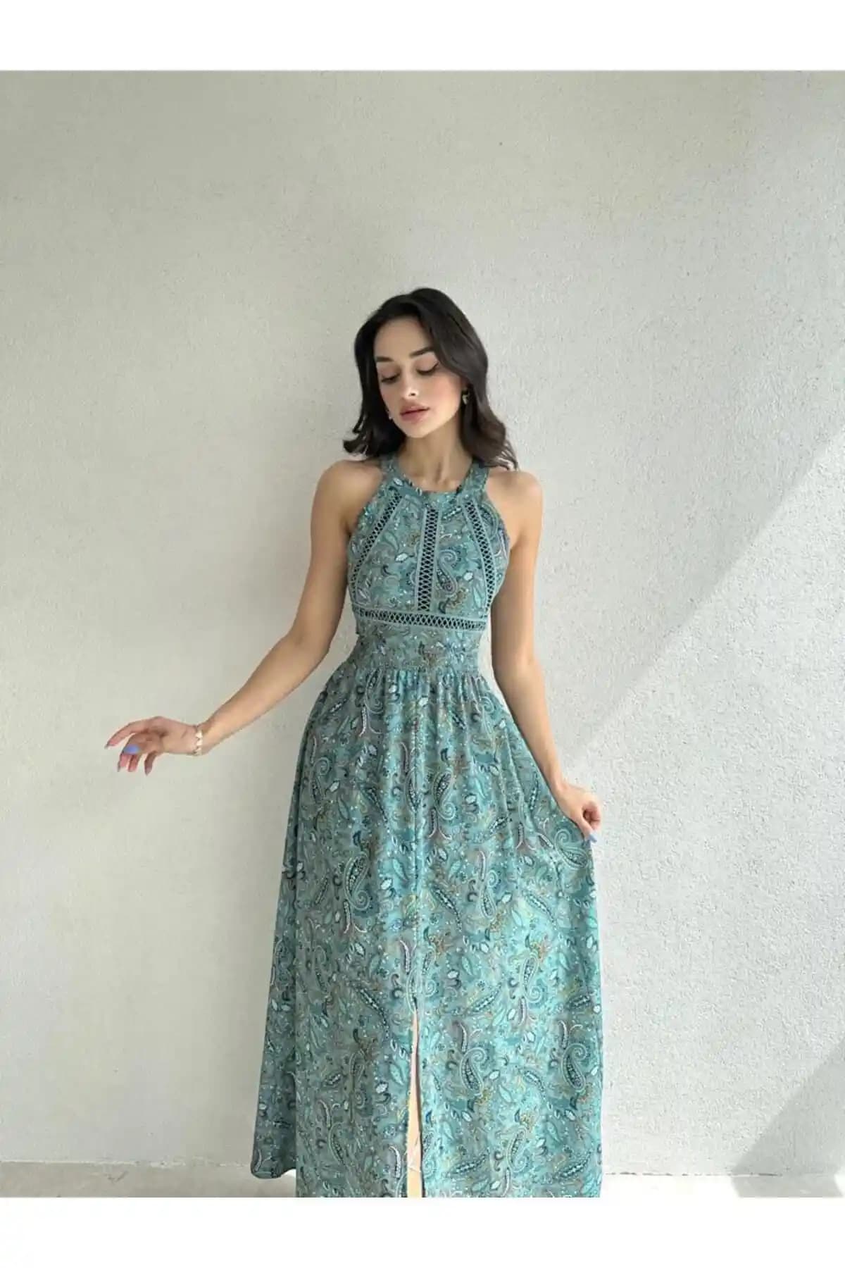 LİSAA BUTİK Şal Desenli Sırt Dekolteli Elbise: Yaz ve Günlük Şıklık İçin Modern Tasarım