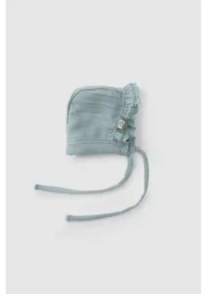 Little Gusto Organik Pamuk Müslin Fırfırlı Bebek Şapkası Yeşil Renkli ve Şık Tasarım