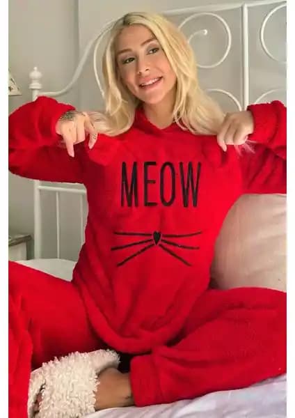 Meow Desenli Tam Peluş Pijama Takımı Kadınlar İçin Sıcak ve Şık Uyku Kıyafeti