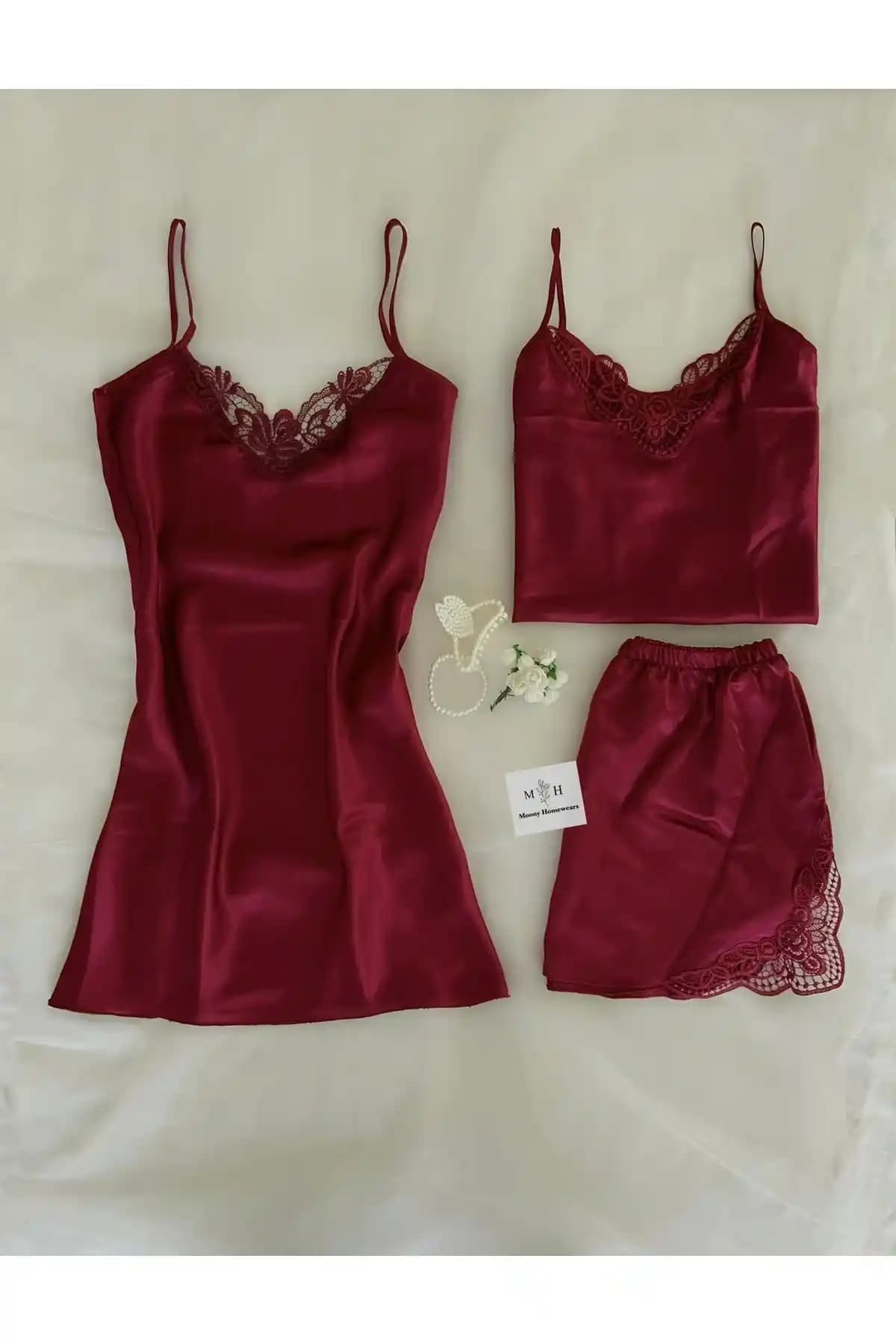 MH Moony Homewears 3'lü Asil Bordeaux Saten Çeyiz Seti Şıklık ve Konfor Sunar