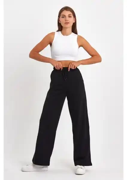 Mmetalic Kadın Mevsimlik Rahat ve Şık Geniş Paça Siyah Eşofman Altı