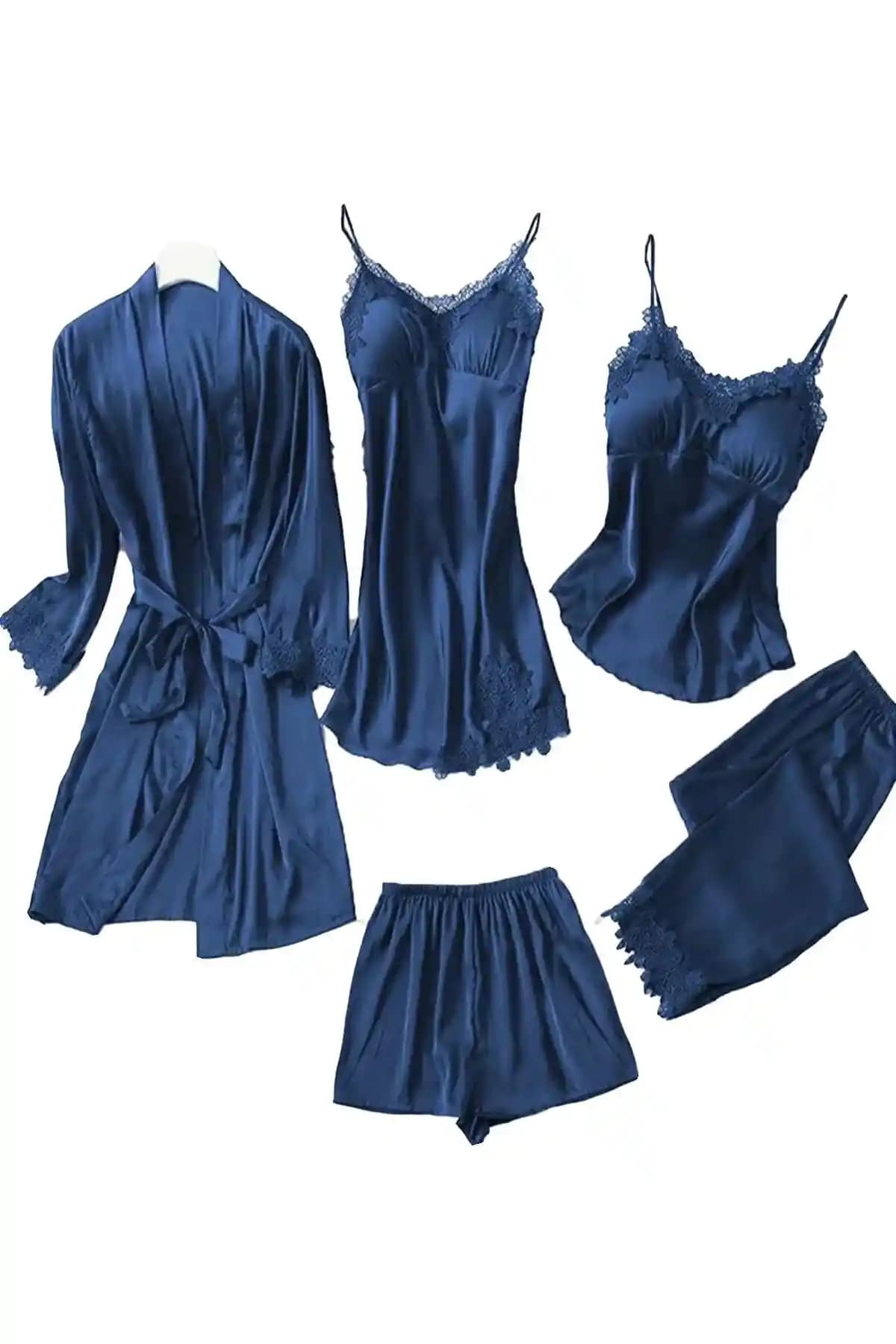 Moda4B 5 Parça Kadın Saten Gecelik Takımı Şıklık ve Konfor Sunan Tasarım