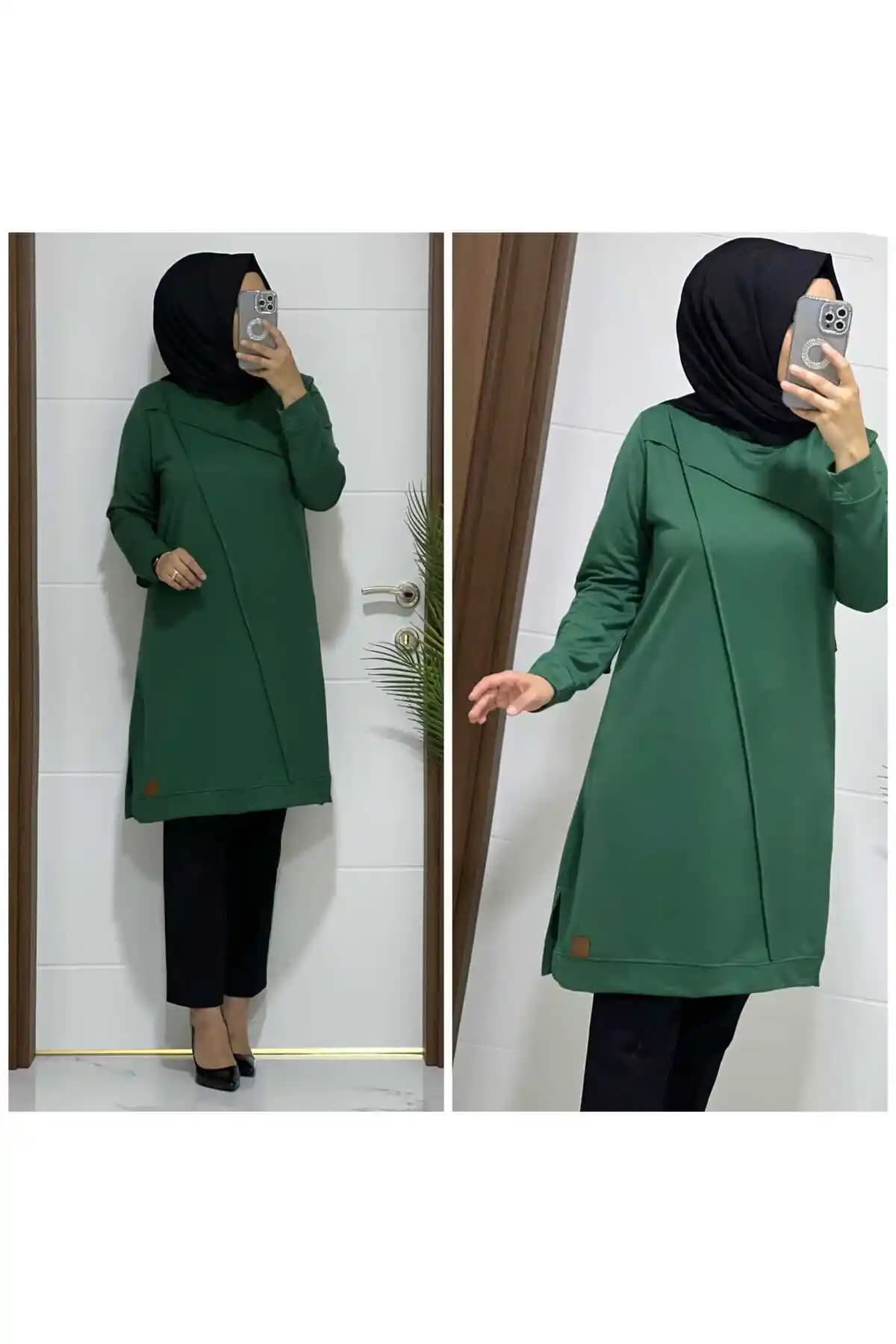 Modasura 4550 K 35 Zümrüt Yeşil Çapraz Çimalı İki Iplik Tunik Günlük Kullanım İçin