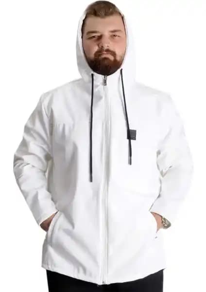 ModeXL Büyük Beden Softshell Waterproff Kapşonlu Mont Beyaz 2022 Sonbahar Kış Koleksiyonu