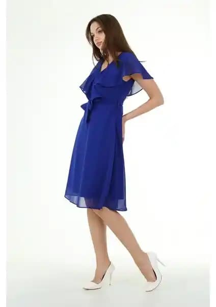 Neşeli Butik Kadın Kruvaze Yaka Bağlama Detaylı Şifon Elbise Yeni Sezon Koleksiyonu