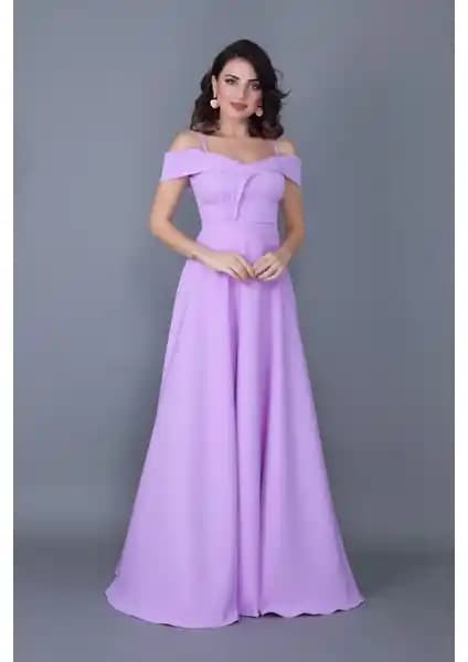 No48 Kayık Yaka Düşük Omuz Detaylı Askılı Maxi Boy Lila Abiye Elbise Özellikleri ve Kullanım Alanları