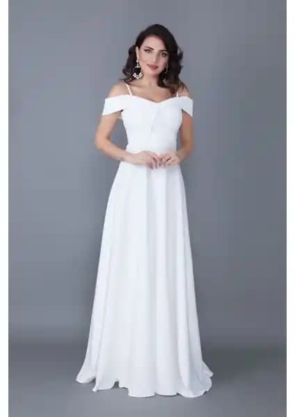 No48 Kayık Yaka Düşük Omuz Detaylı Maxi Beyaz Abiye Elbise Özellikleri ve Kullanım Alanları