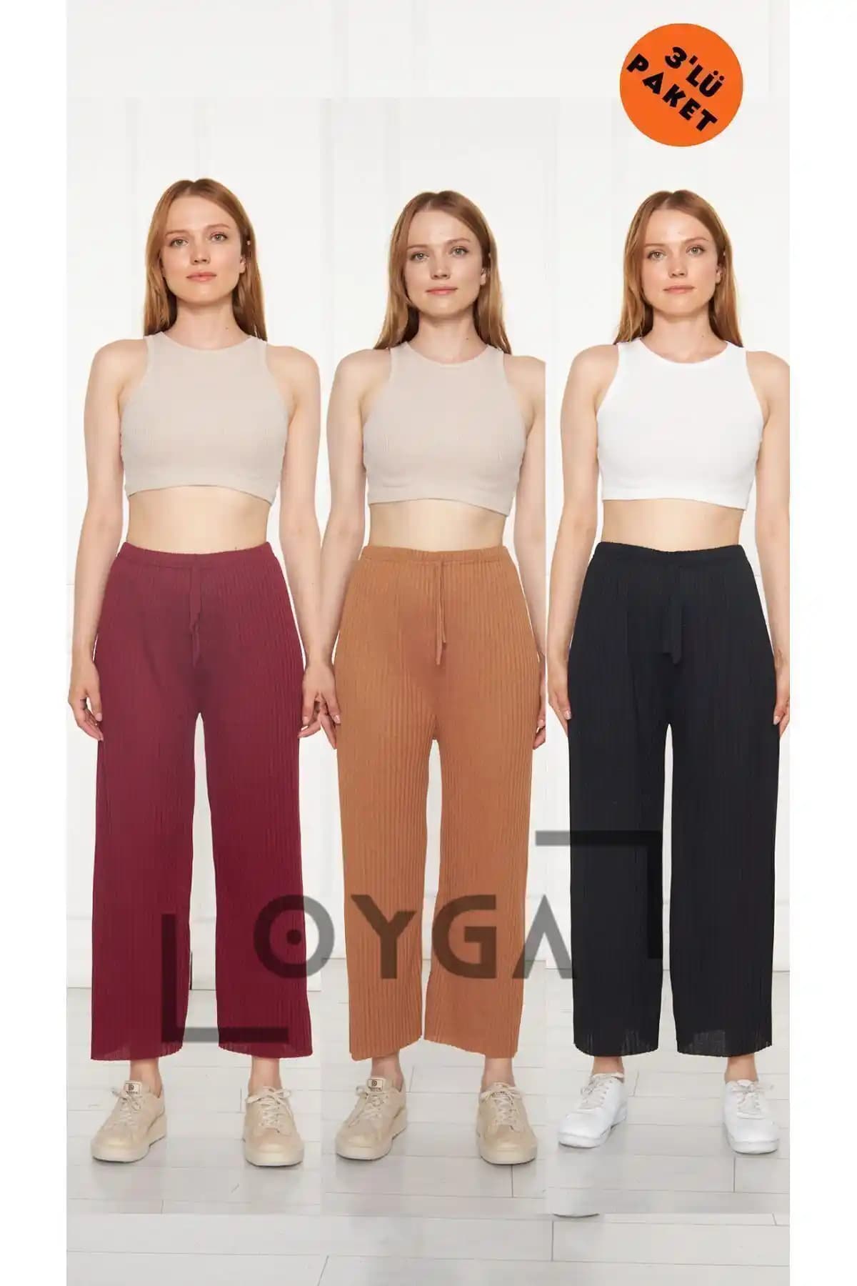 Oyga 3'lü Kadın Fitilli Raporlu Pantolon ve Eşofman Seti Siyah-Bordo-Camel Renk Seçenekleriyle