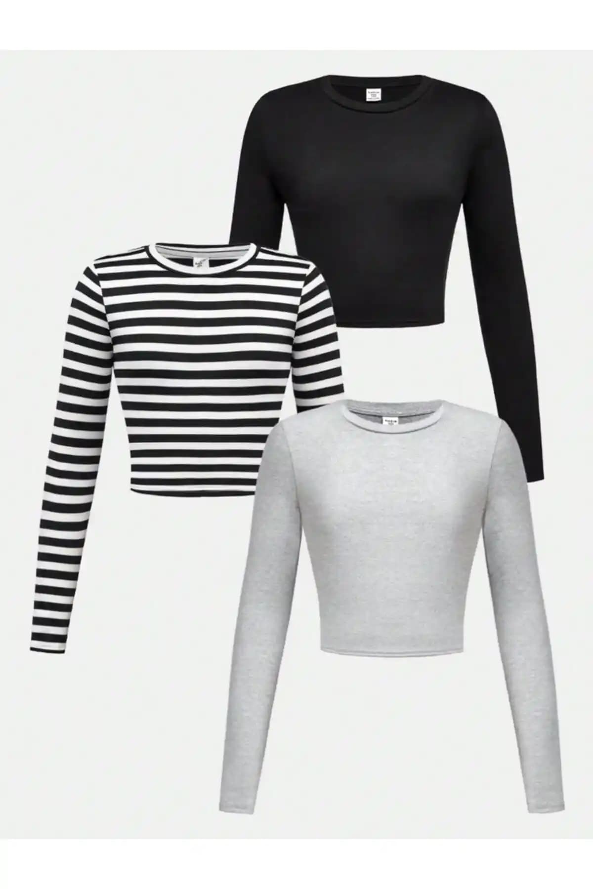 ÖZ PAMUK 3'lü Kadın Crop Bluz Seti Modern ve Şık Tasarımıyla Günlük Kullanım İçin Uygun