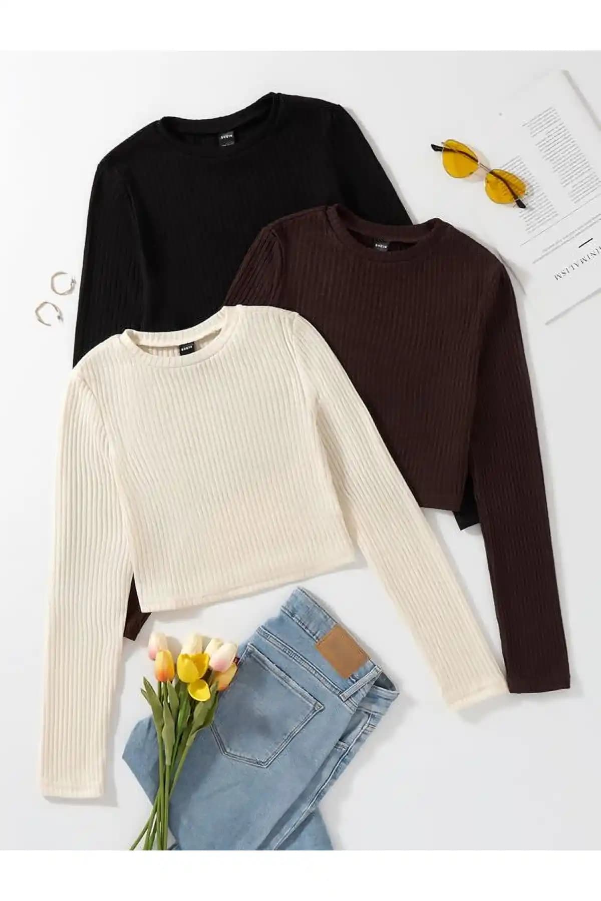 ÖZ PAMUK Kadın 3'lü Fitilli Crop Bluz Günlük Şıklık ve Konfor Sunar